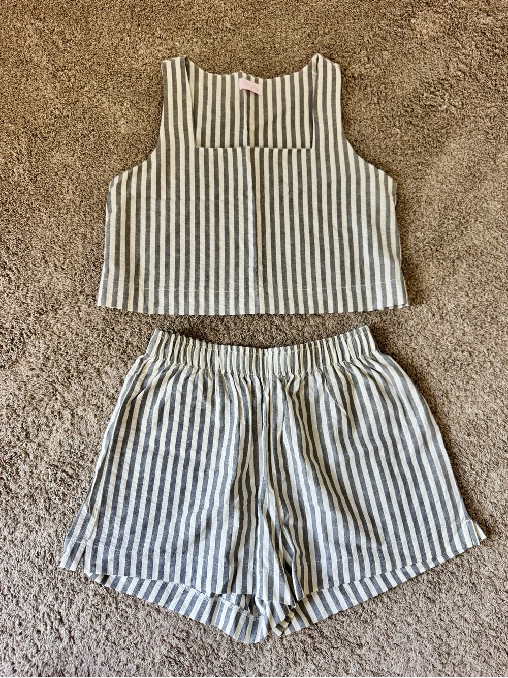 Pink Lily Grey and White Striped Crop Tank & Shorts Set